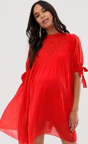 Maternity Pleated Trapeze Mini Dress With Tie Sleeves