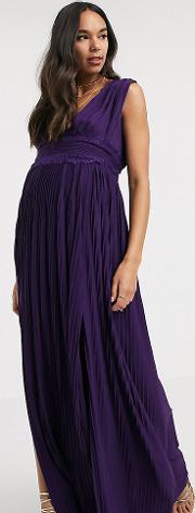 Maternity Premium Lace Insert Pleated Maxi Dress