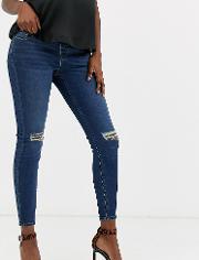 Maternity Ridley High Waisted Skinny Jeans Dark Stonewash With Busted Knee Under The Bump