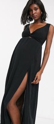 Maternity Tie Back Beach Maxi Dress With Twist Front Detail