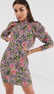 Mini Dress With Extreme Puff Sleeve Bold Floral