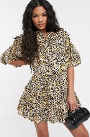 Mini Shirt Dress With Puff Sleeves Leopard Print