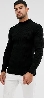 Muscle Fit Ribbed Turtle Neck Jumper