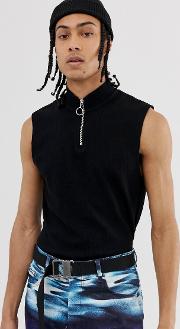 Muscle Tank Vest With Stretch And Turtle Zip Neck