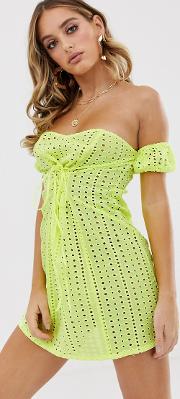 Neon Broderie Off Shoulder Beach Dress With Lace Up Detail