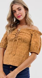 Off Shoulder Top With Lace Up Detail