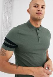 Organic Skinny Polo Shirt With Stretch And Contrast Sleeve Stripes Khaki