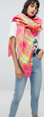 Oversized Bright Pink Check Square Scarf