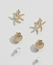 pack of 3 stud earrings with shell and starfish design  gold