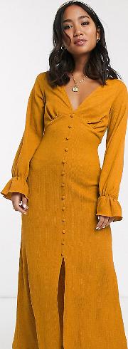 Petite Long Sleeve Button Through Textured Maxi Dress