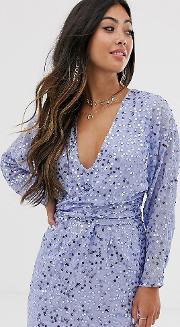 Petite Mini Dress With Batwing Sleeve And Wrap Waist Scatter Sequin