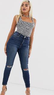 Petite Ridley High Waisted Skinny Jeans Dark Stonewash With Busted Knee