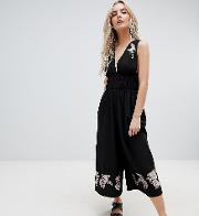 Petite Ruched Waist Plunge Jumpsuit With Embroidery