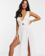 Petite Tie Back Beach Maxi Dress With Twist Front Detail