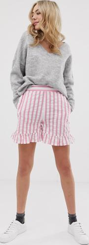Pink Stripe Shorts With Ruffle Hem