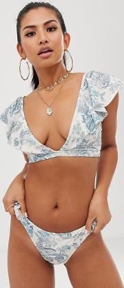 Recycled Flutter Sleeve Plunge Crop Bikini Top Washed Paisley Print