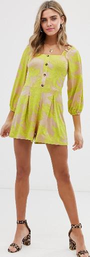 Ruffle Square Neck Button Front Playsuit
