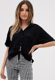 Short Sleeve Crinkle Shirt With Tie Front