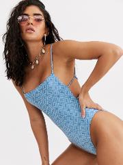 Skinny Bind Strappy Swimsuit Denim Look Geo Print