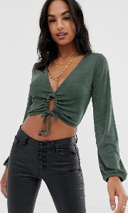 Slinky Top With Blouson Sleeve And Tie Front Detail