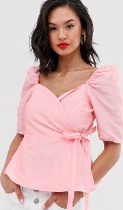 Sweetheart Neck Wrap Top With Short Sleeves