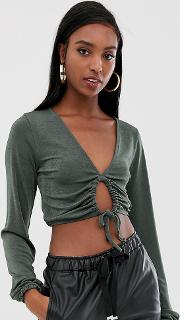 Tall Slinky Top With Blouson Sleeve And Tie Front Detail
