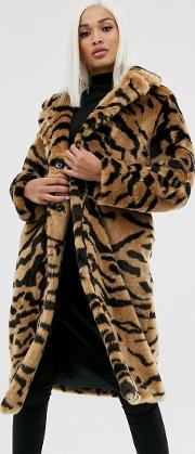 Tiger Faux Fur Longline Coat