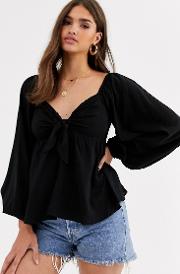 Top With Volume Sleeve And Tie Front Detail