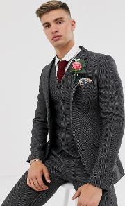 Wedding Super Skinny Suit Jacket Charcoal Herringbone