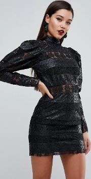 embossed pu and lace cocktail mini dress