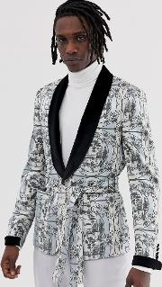 Skinny Blazer Jacket With All Over Monochrome Print And Velvet Collar