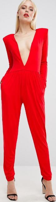 jersey jumpsuit with extreme plunge red