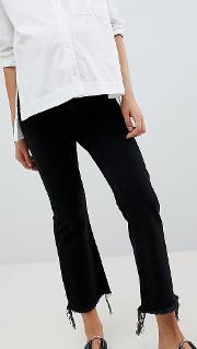 asos design maternity egerton rigid cropped flare jeans in washed black with raw hem  side bump band