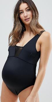 asos design maternity mesh insert swimsuit  black