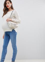 asos design maternity over bump ridley high waist skinny jeans  lavender blue tone wash