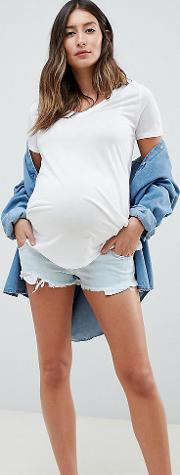 asos design maternity petite denim alvey mid rise short with raw hem in light wash blue