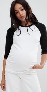 asos design maternity top in fitted long line with contrast raglan  white
