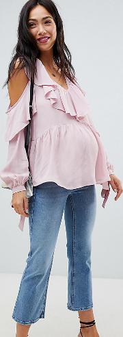 cold shoulder blouse with v neck and ruffles