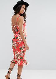 Midi Sundress With Lace Up Back And Peplum Hem In Red Floral