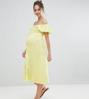 off shoulder button through midi sundress in gingham