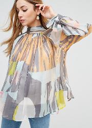Petite High Neck Blouse In Abstract Print