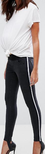 Ridley Skinny Jeans  Black With Sporty Side Stripe  Under The Bump Waistband