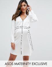 satin piped belted shirt dress