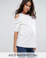 tall top with ruffle cold shoulder in ponte
