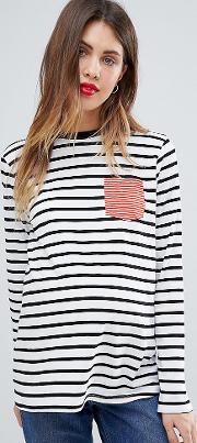 top in mono stripe with contrast  pocket