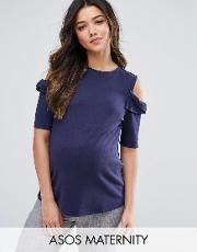 top with ruffle cold shoulder in ponte