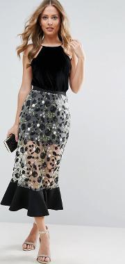 midi column skirt with dark floral embroidery