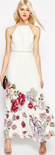 occasion pleated maxi dress with floral border print multi