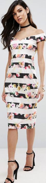 off the shoulder bardot stripe & floral pencil dress