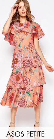 cape layered midi dress in pastel floral
